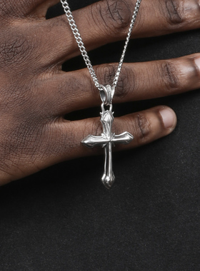 纯银尖角十字架项链男女同款