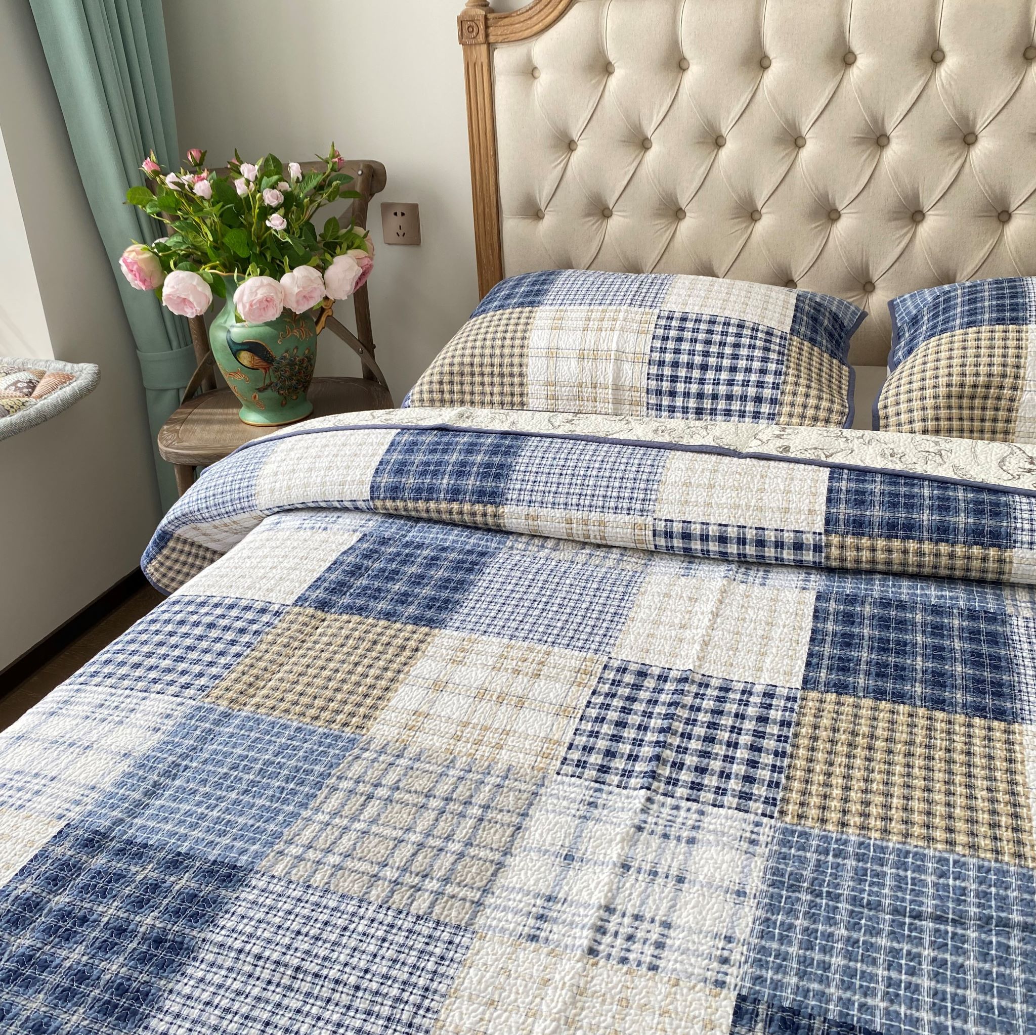 Flowering床盖床单绗缝被全棉纯棉夹棉加厚空调被三件套格子1.5米 - 图1