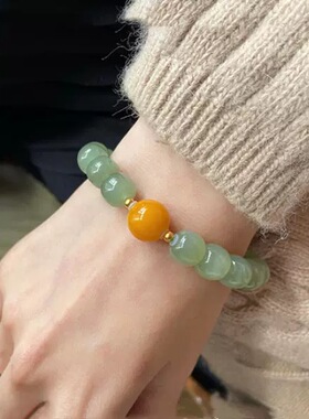天然和田玉老蜜蜡手串女款琥珀圆珠鸡油黄配珠手串手链送女友礼物