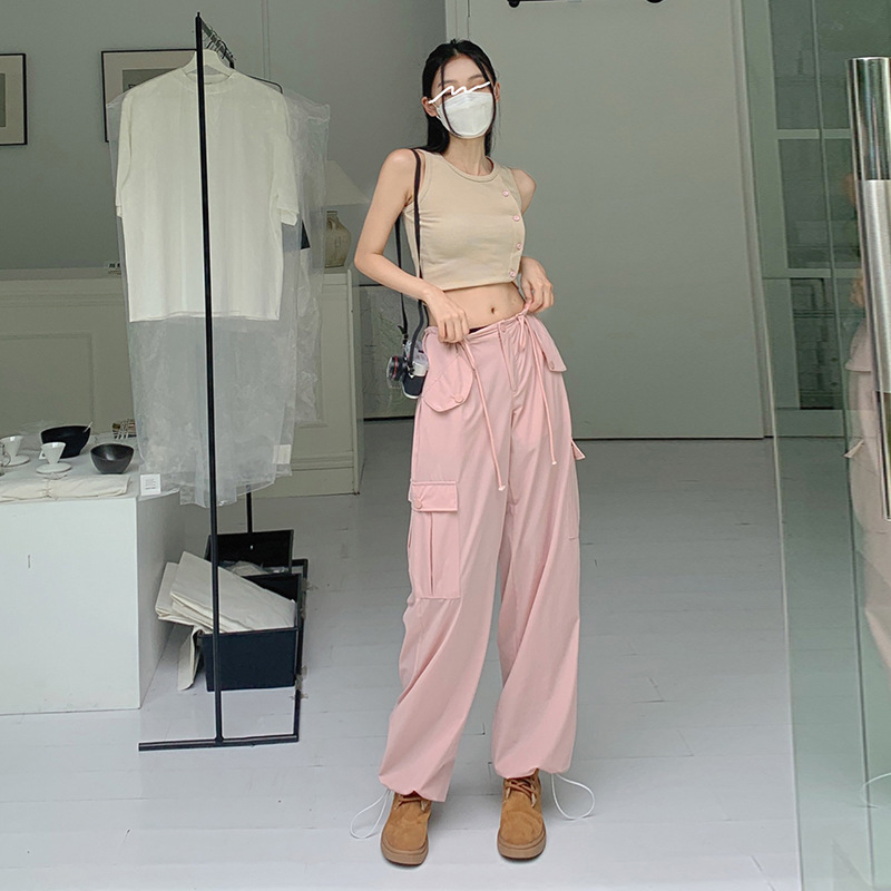 2022新款设计感抽绳甜辣粉色工装裤女四季显瘦宽松薄款百搭休闲裤