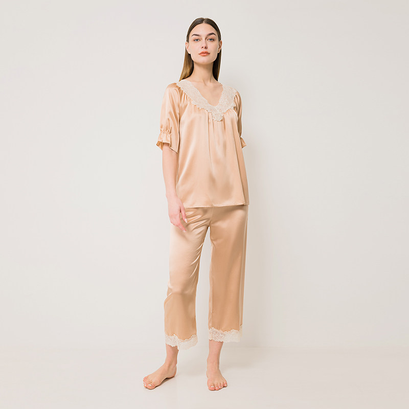 19姆米重磅100%桑蚕丝中袖长裤睡衣 丝界旗舰睡衣/家居服套装