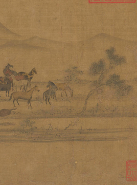 赵雍沙苑牧马图走兽画客厅挂画装饰画办公室非手绘真迹绢布卷轴画