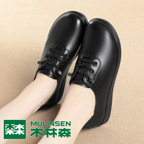 木林森妈妈鞋真皮舒适单鞋女士皮鞋牛皮中老年平底软底防滑女鞋子 - 图2