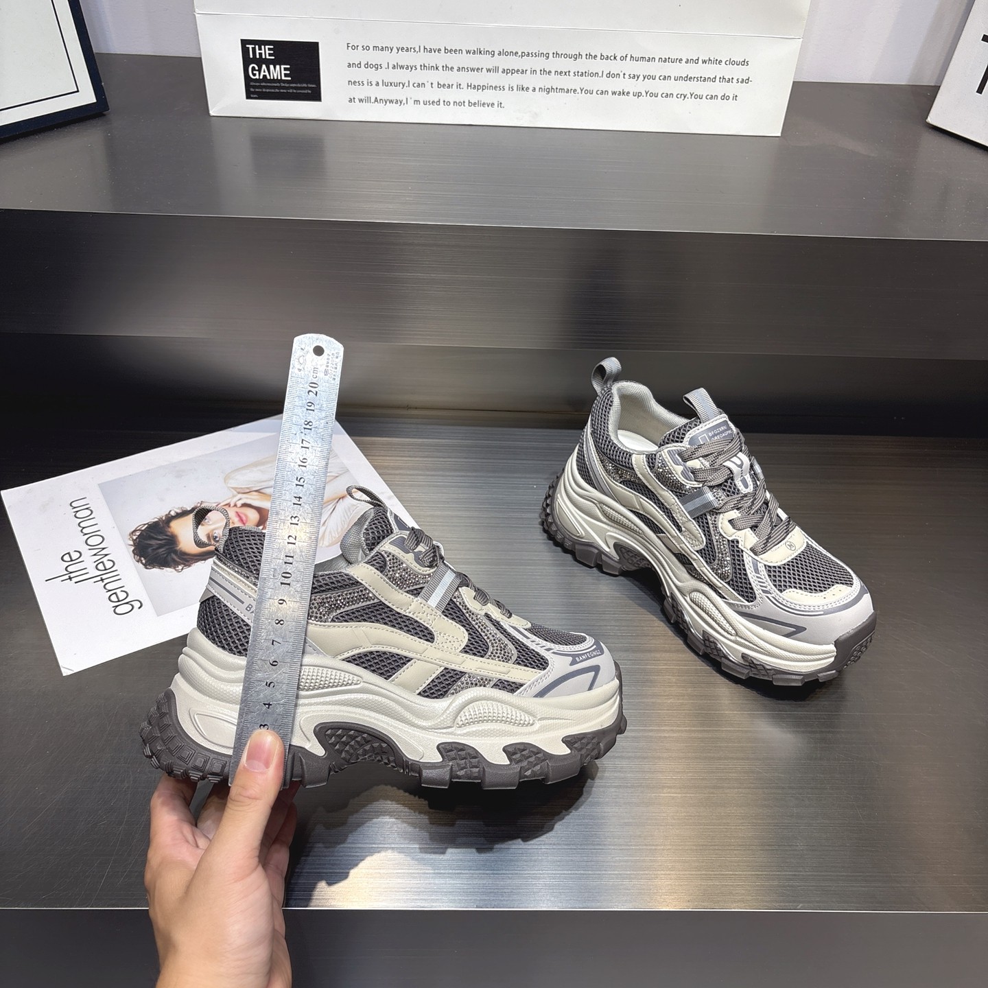 真皮水钻厚底老爹鞋女2025秋季新款小个子6cm增高透气休闲运动鞋,淘宝优惠券,粉丝福利购,淘宝优惠卷