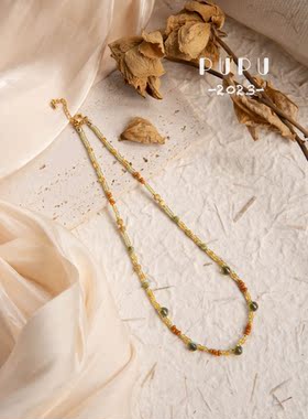 秋季原创复古油画质感小众高级黄绿色锁骨链进口珠百搭串珠项链女