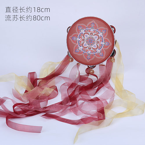 发光手鼓唐风敦煌风彩带鼓坦领汉服手拿鼓手持铃铛鼓红色飘带 - 图1