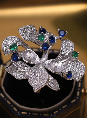 s925纯银豪华彩锆多珠花朵戒指托