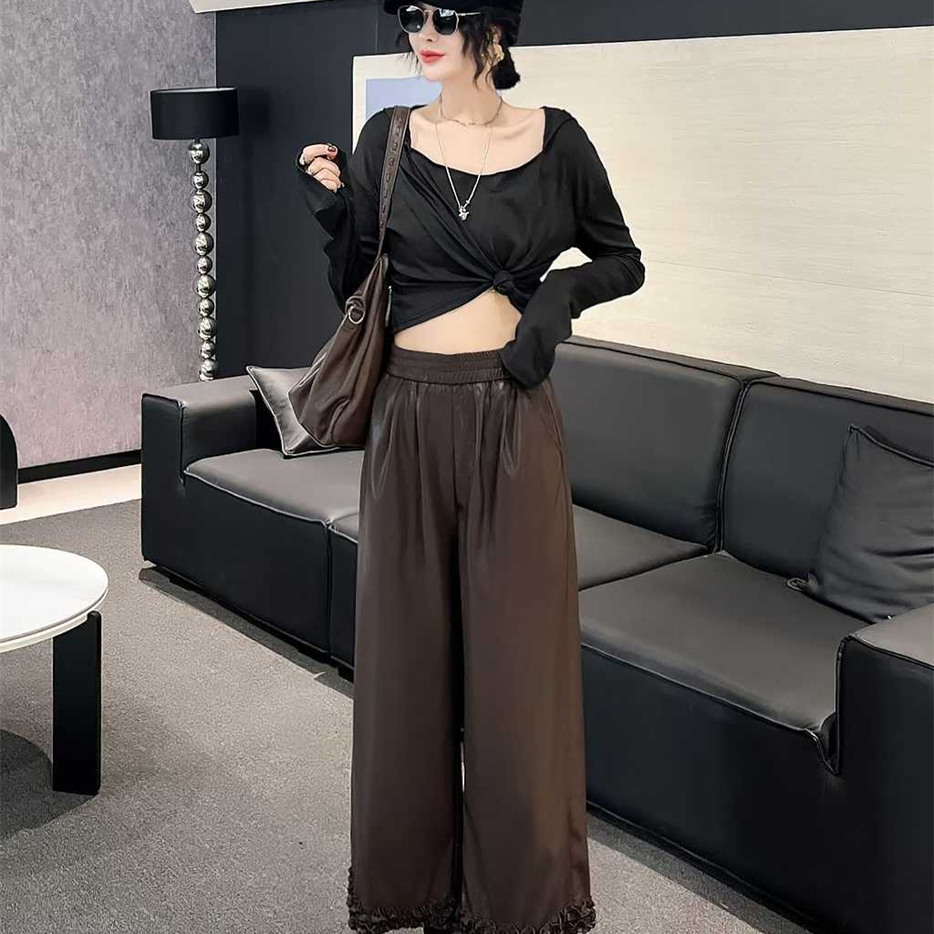 大码2025秋季新款显瘦皮裤木耳边拼接阔腿裤女宽松直筒休闲裤子女 - 图0