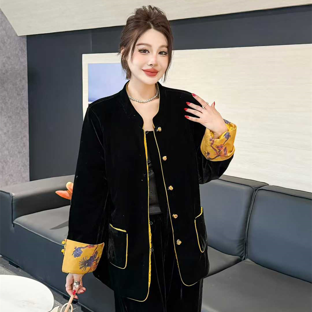 冬季新款丝绒拼接新中式大码棉服国风加棉外套女复古撞色唐装上衣,淘宝优惠券,粉丝福利购,淘宝优惠卷