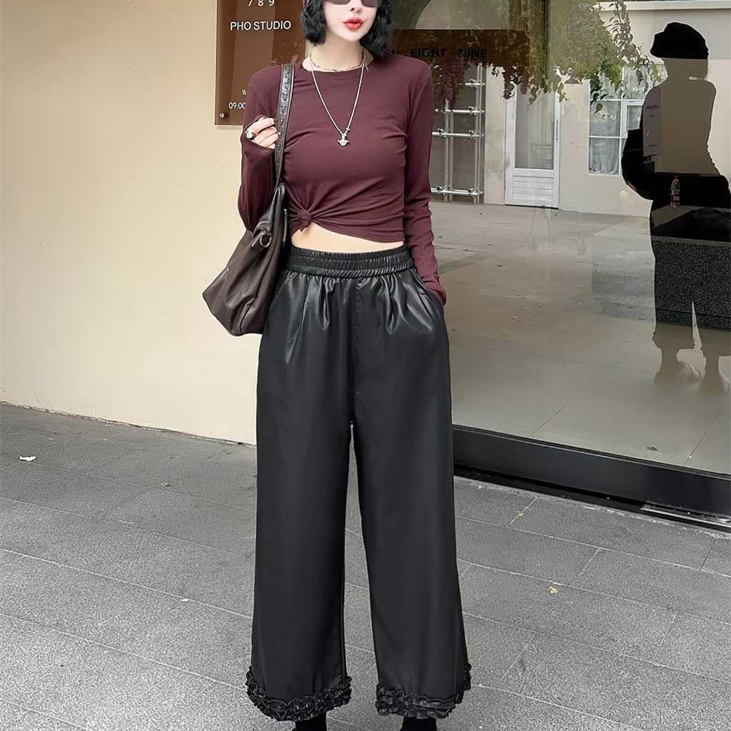 大码2025秋季新款显瘦皮裤木耳边拼接阔腿裤女宽松直筒休闲裤子女 - 图2