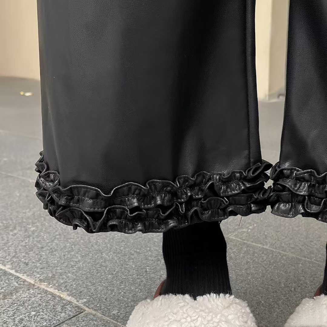 大码2025秋季新款显瘦皮裤木耳边拼接阔腿裤女宽松直筒休闲裤子女 - 图1