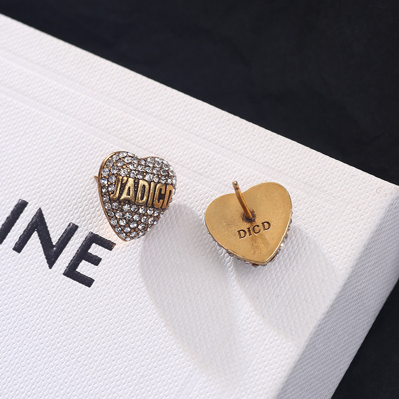 D家复古做旧满钻爱心耳环高级感轻奢气质百搭cd耳钉小香风耳饰 - 图3