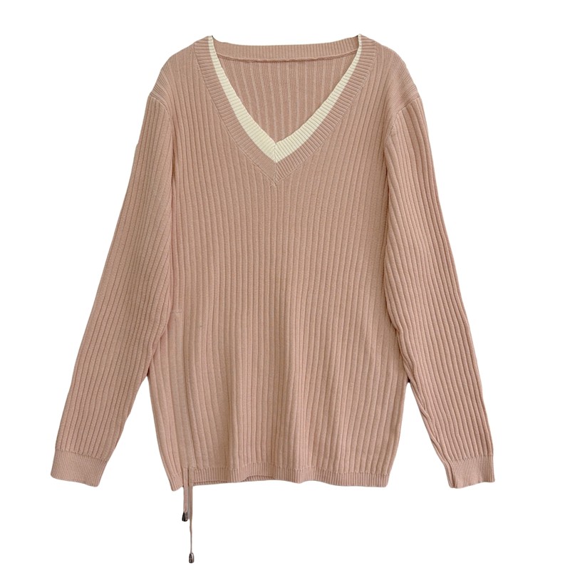 大版遮肚子~显瘦大V领胖妹上衣宽松坑条设计感单侧抽绳针织衫大码,淘宝优惠券,粉丝福利购,淘宝优惠卷