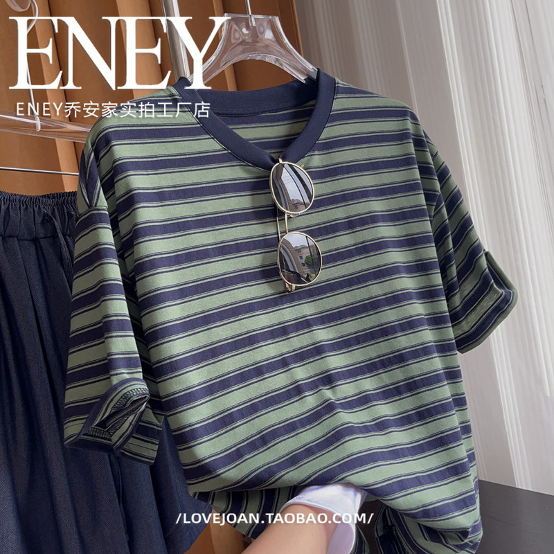 复古条纹短袖T恤女2024年夏季新款宽松大码遮肉慵懒风百搭上衣,淘宝优惠券,粉丝福利购,淘宝优惠卷