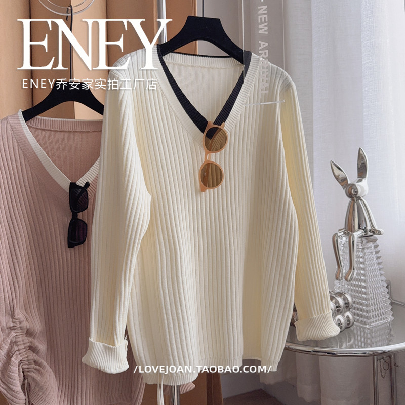 大版遮肚子~显瘦大V领胖妹上衣宽松坑条设计感单侧抽绳针织衫大码,淘宝优惠券,粉丝福利购,淘宝优惠卷
