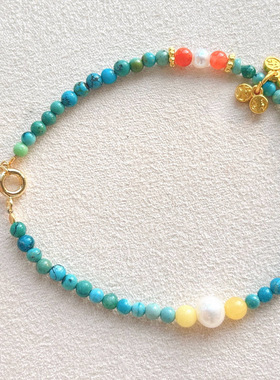 天然原矿绿松石多宝手链女款单圈手串饰品礼物 时尚配饰