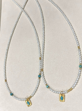 天然淡水珍珠项链女款单圈时尚百搭绿松石锁骨链送女友闺蜜