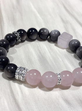 天然黑曜石手链女款单圈时尚百搭粉水晶黑曜石手串送女友闺蜜