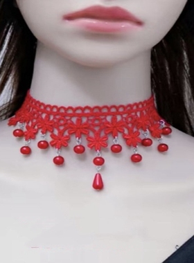 新款蕾丝红色锁骨链短款项链