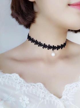 森系法式锁骨链条白色蕾丝颈带抖音choker项圈项链颈圈女短款锁骨
