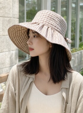 韩系格纹褶皱盆帽女夏季蝴蝶结大檐遮阳帽户外度假拍照防晒太阳帽