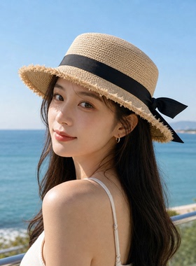 夏季草帽海边出游百搭沙滩帽法式浪漫蝴蝶结毛边防晒帽遮阳太阳帽