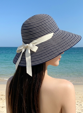 条纹绑带渔夫帽女夏季折叠大帽檐遮阳防晒帽海边度假沙滩太阳帽子