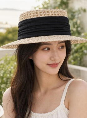 夏季法式镂空平顶草帽女黑褶皱织带礼帽海边出游度假透气防晒帽