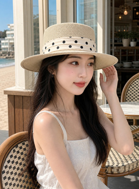 法式波点平顶草帽女夏季 大檐显脸小礼帽 海边沙滩度假防晒遮阳帽