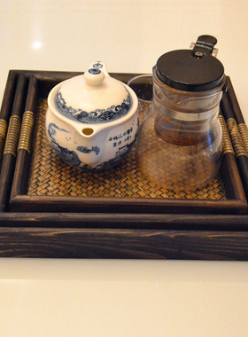 泰国藤编托盘功夫茶具茶盘方形实木木质托盘酒店会所精油盘复古风