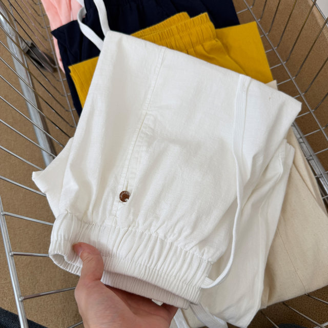 ກາງເກງຜ້າຝ້າຍແລະ linen ລະດູຮ້ອນ breathable ກາງເກງສໍາລັບແມ່ຍິງ, ແອວ elastic ສີແຂງອະເນກປະສົງສໍາລັບຄົນຂະຫນາດນ້ອຍ, slimming ເກົ້າຈຸດຊື່ຂາກ້ວາງ.