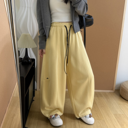 高腰抽绳灯笼卫裤女2026春季新款宽松大裤腿可收口两穿阔腿弯刀裤 - 图0