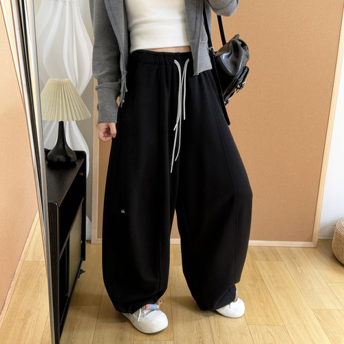 高腰抽绳灯笼卫裤女2026春季新款宽松大裤腿可收口两穿阔腿弯刀裤 - 图2