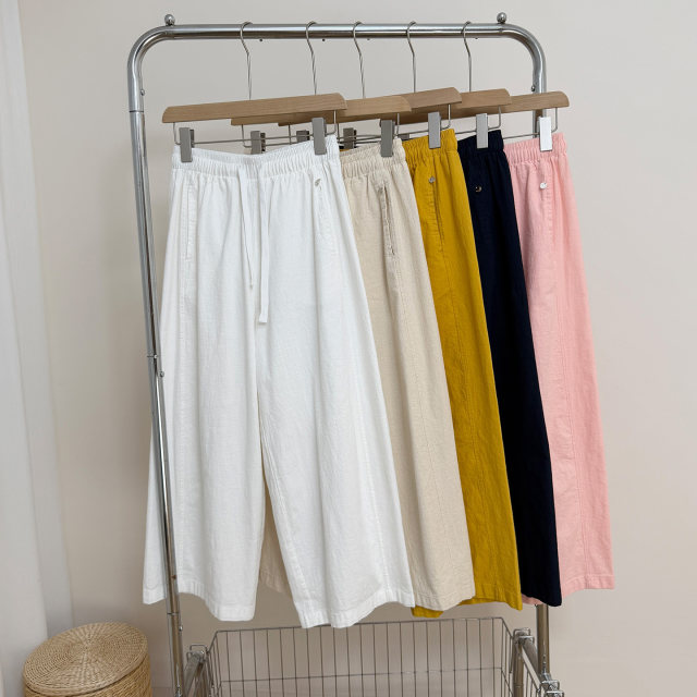 ກາງເກງຜ້າຝ້າຍແລະ linen ລະດູຮ້ອນ breathable ກາງເກງສໍາລັບແມ່ຍິງ, ແອວ elastic ສີແຂງອະເນກປະສົງສໍາລັບຄົນຂະຫນາດນ້ອຍ, slimming ເກົ້າຈຸດຊື່ຂາກ້ວາງ.