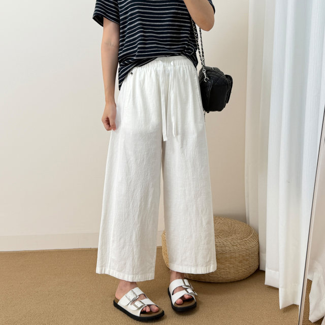 ກາງເກງຜ້າຝ້າຍແລະ linen ລະດູຮ້ອນ breathable ກາງເກງສໍາລັບແມ່ຍິງ, ແອວ elastic ສີແຂງອະເນກປະສົງສໍາລັບຄົນຂະຫນາດນ້ອຍ, slimming ເກົ້າຈຸດຊື່ຂາກ້ວາງ.