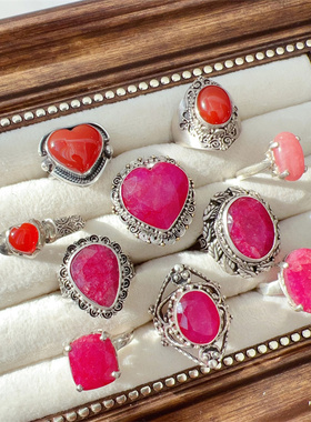 925银复古风纯手工戒指红宝石