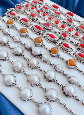 925纯银天然宝石复古手工手链