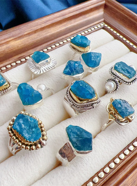 925银复古天然原矿磷灰石戒指