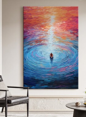 大芬手绘现代简约抽象风景油画客厅卧室挂画深蓝色海面小船装饰画