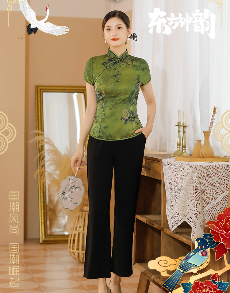 2023年新款绸缎禅意茶服改良时尚修身复古旗袍上衣夏季传统女短袖 - 图2