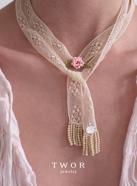 复古蕾丝粉碎花系带项链串珠流苏