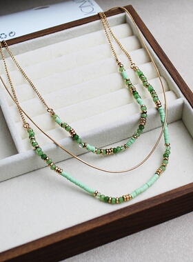 轻奢绿色多层串珠叠戴锁骨链女