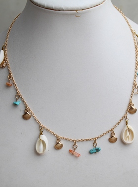 沙滩度假风彩色碎石头贝壳锁骨链