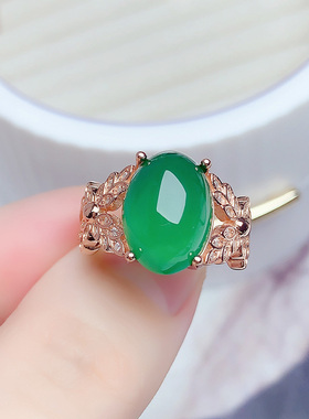 纯银镶嵌天然绿玉髓戒指食指戒女