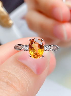 轻奢纯银镶天然黄水晶戒指开口女