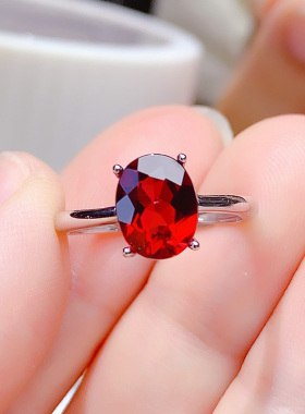 纯银天然酒红石榴石戒指女开口戒可调节红色宝石精致简约时尚轻奢