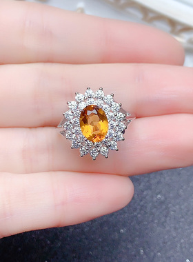 925纯银镶嵌天然黄水晶戴妃戒女