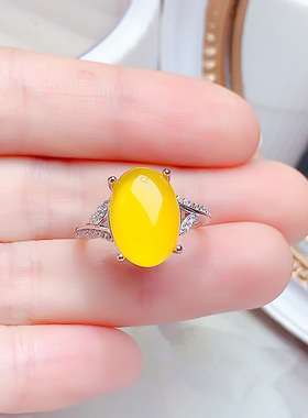 纯银镶嵌鸡油黄天然黄玉髓戒指开口戒女时尚精致百搭款黄宝石戒指