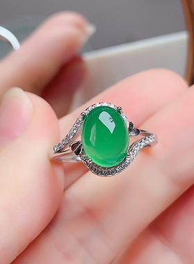纯银天然帝王绿玉髓戒指开口女