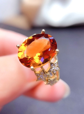 纯银镶嵌天然芬达色黄水晶戒指